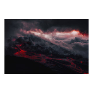 Volcanic Eruption Lava Rivers Night Landscape フォトプリント
