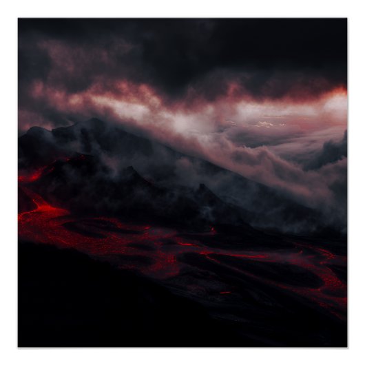 Volcanic Eruption Lava Rivers Night Landscape ポスター (正面)