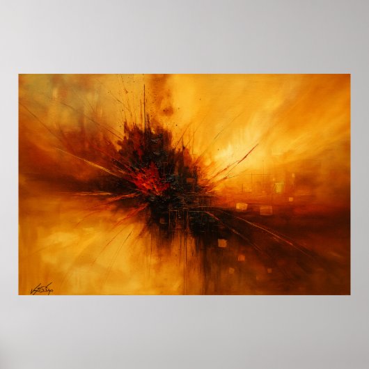 Volcanic Pulse - Red and Amber Abstract Eruption ポスター (正面)