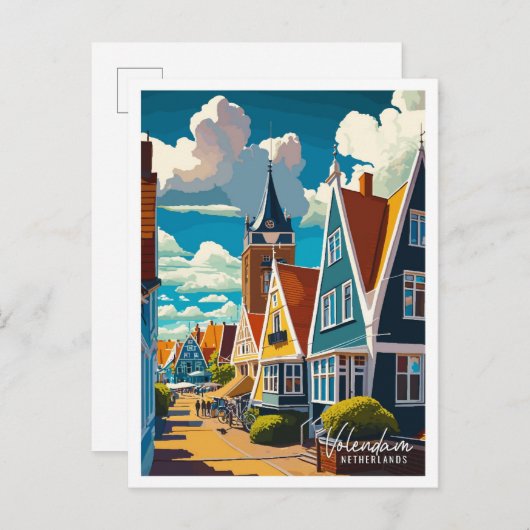 Volendam Netherlands vintage travel illustration ポストカード (正面/裏面)
