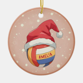 Volleyball Ball with Red Santa Hat Name Christmas セラミックオーナメント