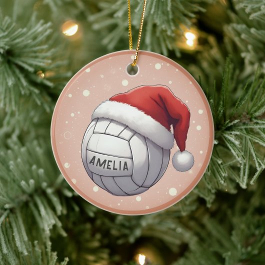 Volleyball Ball with Red Santa Hat Name Christmas セラミックオーナメント (ツリー)