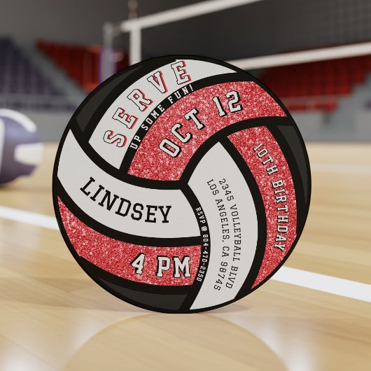 Volleyball Birthday Party Red Glitter 招待状