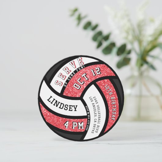 Volleyball Birthday Party Red Glitter 招待状 (スタンド正面)