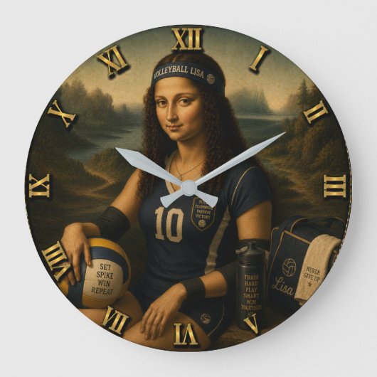 Volleyball Funny Mona Lisa ラージ壁時計 (正面)