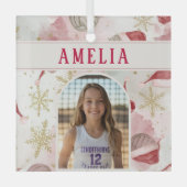 Volleyball Santa Hat Name Photo Christmas   ガラスオーナメント (正面)