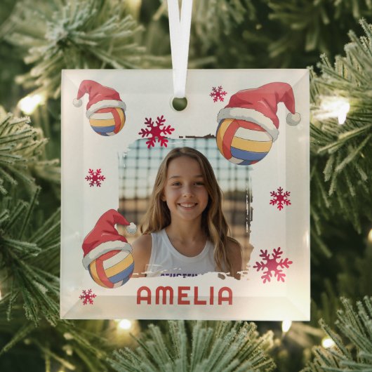 Volleyball Santa Hat Name Photo Christmas  ガラスオーナメント (インサイチュ)