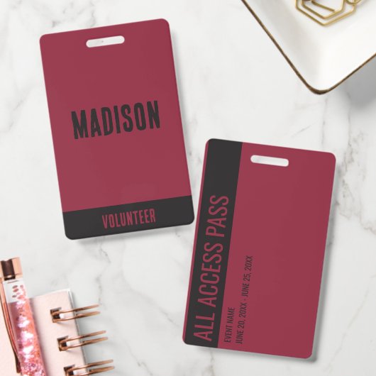 Volunteer Name All Access Pass Event maroon black バッジ (オフィス)