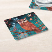 Vom Künstler handillustrierte Eule – Boho Natur スクエアペーパーコースター (アングル)