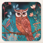 Vom Künstler handillustrierte Eule – Boho Natur スクエアペーパーコースター (正面)