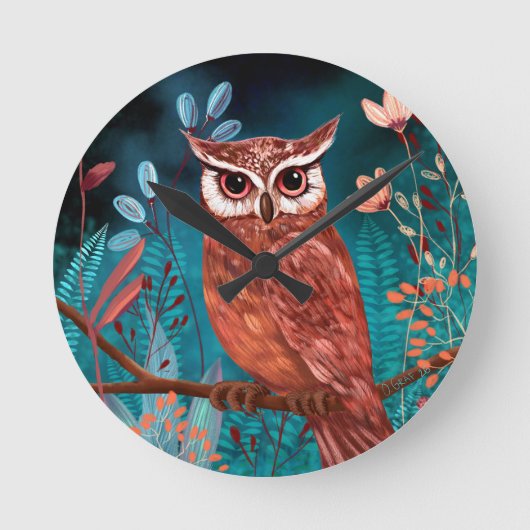 Vom Künstler handillustrierte Eule – Boho Natur ラウンド壁時計 (正面)