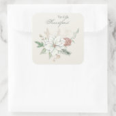 Vrolijk kerstfeestホワイトポインセチアとパインコーン スクエアシール (バッグ)