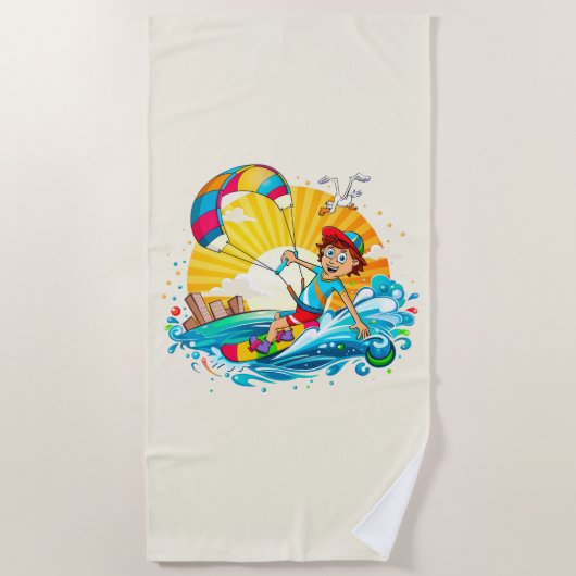 Vrolijke kite surfing illustratie. ビーチタオル (正面)