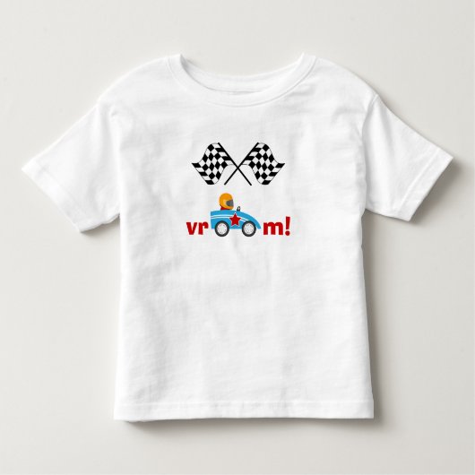 Vroomレースカーおよびチェック模様の旗はTシャツをからかいます トドラーTシャツ (正面)