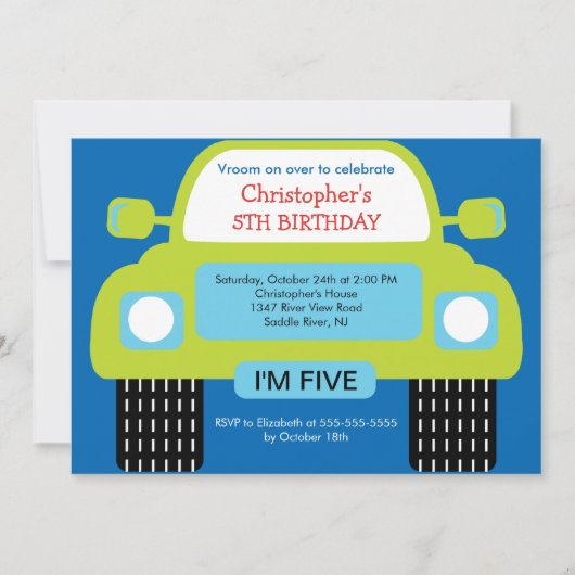 Vroom男の子のための車の誕生会 招待状 (正面)
