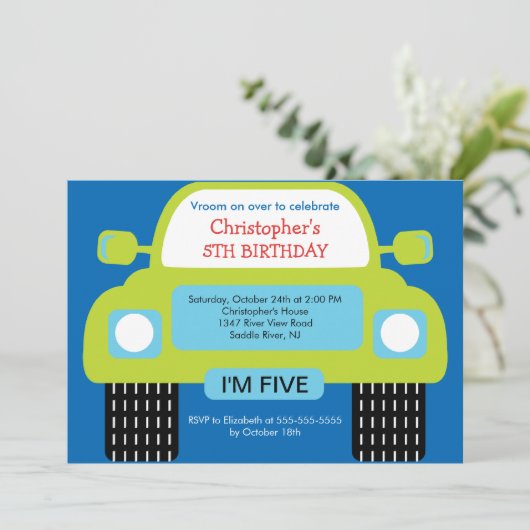 Vroom男の子のための車の誕生会 招待状 (スタンド正面)