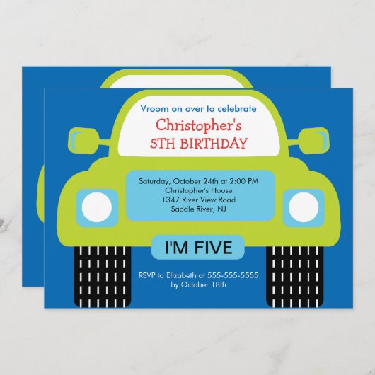 Vroom男の子のための車の誕生会 招待状 (正面/裏面)