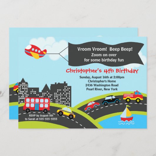 Vroom発信音車の誕生日のパーティの招待状 招待状 (正面/裏面)