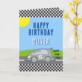 Vroom Vroomレーシングカーロードネームハッピーバースデー カード (黄色い花)