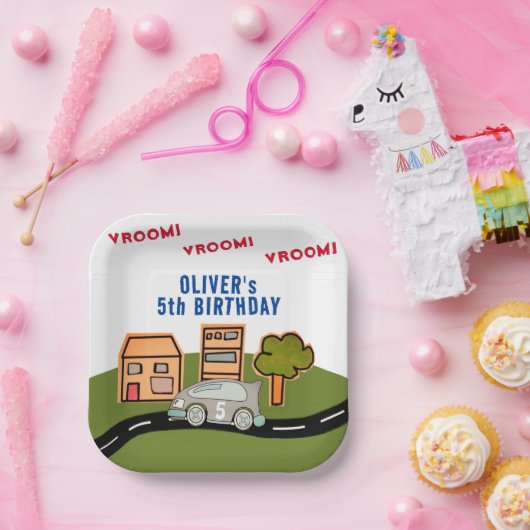 Vroom Vroomレーシングカーロードハウスボーイ誕生日 ペーパープレート (パーティー)