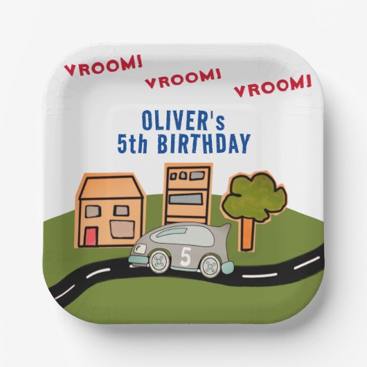Vroom Vroomレーシングカーロードハウスボーイ誕生日 ペーパープレート (正面)