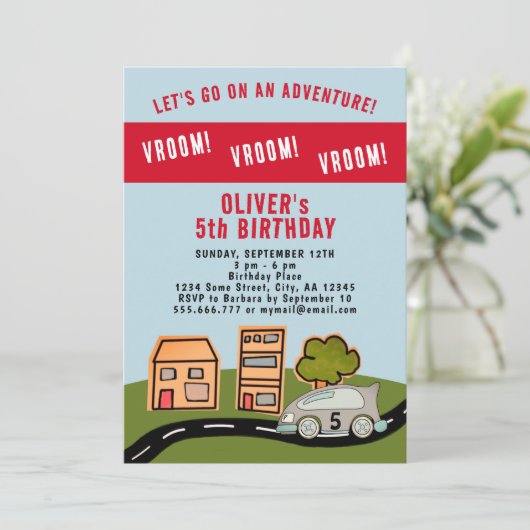 Vroom Vroomレーシングカーロードハウスボーイ誕生日 招待状 (スタンド正面)
