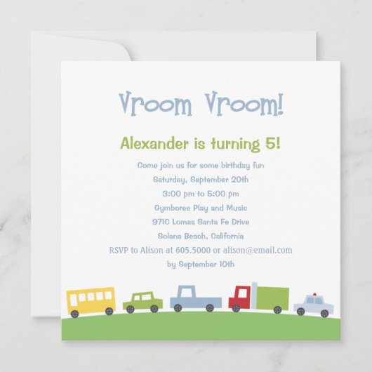Vroom Vroom Cars Birthday Party Invitation（Vroom V 招待状 (正面)