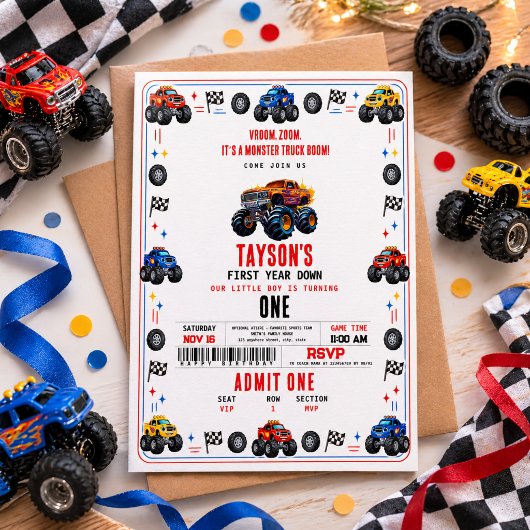 Vroom Zoom モンスタートラック Boom | 1歳の誕生日パーティー 招待状