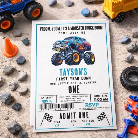 Vroom Zoom Monster Truck Boom | 1歳のバースデーパーティー 招待状