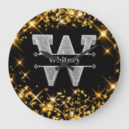 Wイニシャルパーソナライズされたシルバーモノグラムあなたの名前 ラージ壁時計