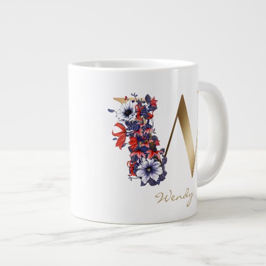 Wレター金ゴールドモノグラムレッドホワイトパープルフローラ ジャンボコーヒーマグカップ (正面右)