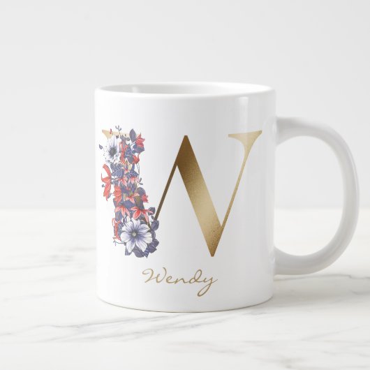 Wレター金ゴールドモノグラムレッドホワイトパープルフローラ ジャンボコーヒーマグカップ (右)