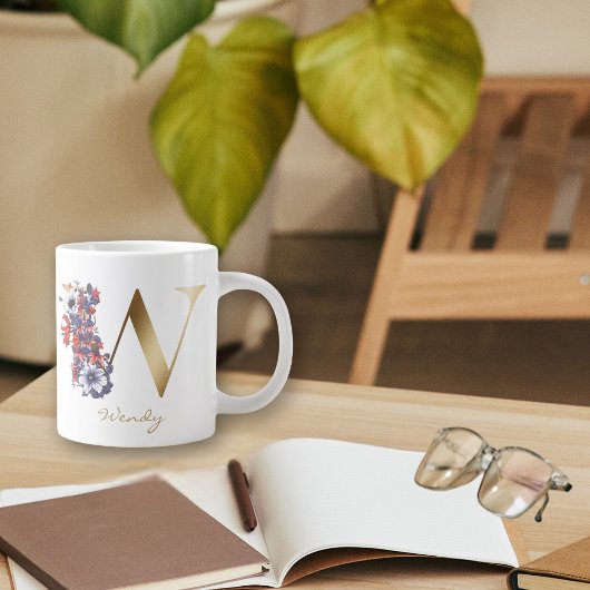 Wレター金ゴールドモノグラムレッドホワイトパープルフローラ ジャンボコーヒーマグカップ