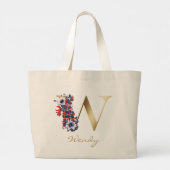 Wレター金ゴールドモノグラムレッドホワイトパープルフローラ ラージトートバッグ (裏面)