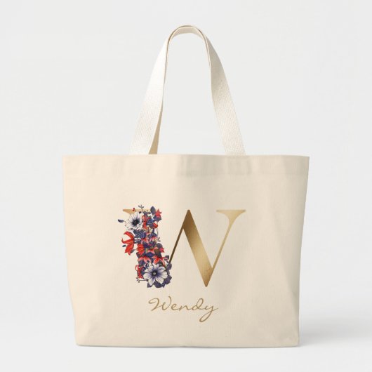 Wレター金ゴールドモノグラムレッドホワイトパープルフローラ ラージトートバッグ (正面)
