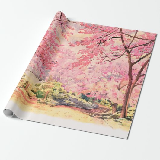 W絵画の水彩風景ピンク赤い花 ラッピングペーパー (アンロールド)