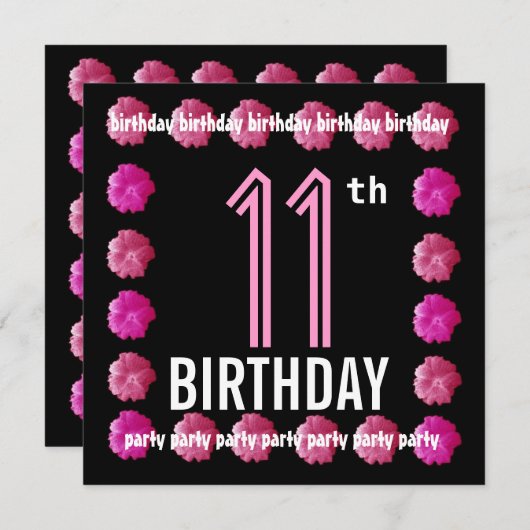 W762の誕生日パーティーピンクの花 招待状 (正面/裏面)