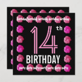 W764向けの14歳の誕生日パーティーのピンクの花 招待状 (正面/裏面)