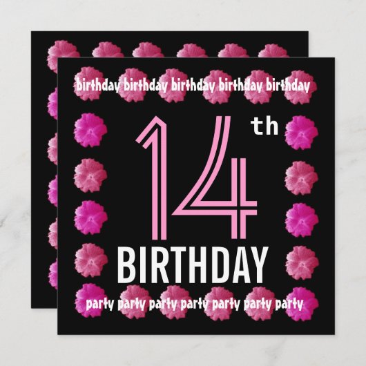 W764向けの14歳の誕生日パーティーのピンクの花 招待状 (正面/裏面)