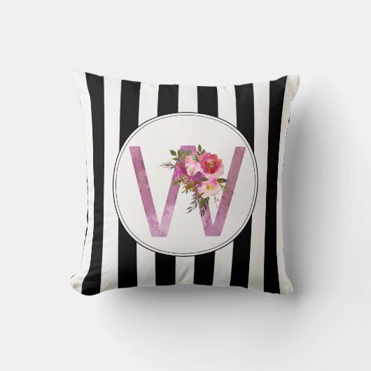 W,フローラモノグラムイニシャル,水色の花 クッション (正面)