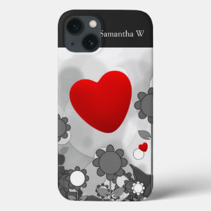w/Bigの赤いハートがかわいい黒くによってか白いまたは灰色開花します iPhone 13ケース