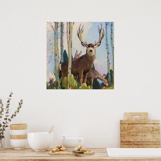 W Herbert Dunton著「Mule Deer Buck and Doe」 ポスター (キッチン)