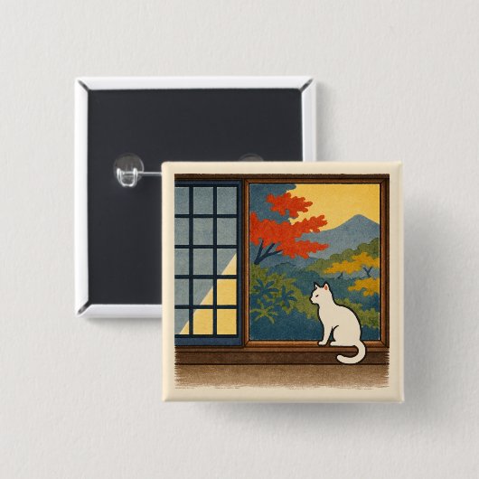 Wa – Quiet Window with White Cat 缶バッジ (正面&裏面)