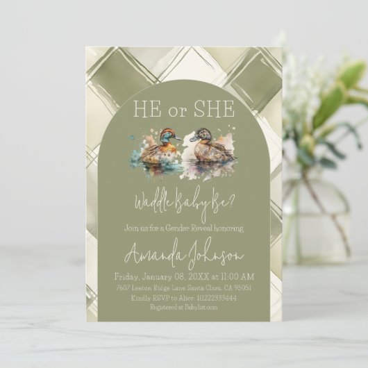Waddle It Be Green Mallard Duck Gender Reveal 招待状 (スタンド正面)