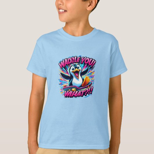 "WADDLE YOU! WHAT?!!" ペンギンスケートボード Tシャツ (正面)