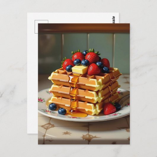 Waffles with Strawberries and Blueberries ポストカード (正面/裏面)