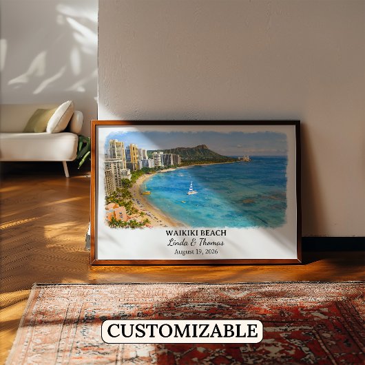 Waikiki Beach Hawaii Poster, Watercolor, Honolulu ポスター