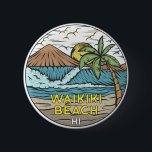 Waikiki Beach Hawaii Vintage 缶バッジ<br><div class="desc">Waikiki Beach hand drawn illustration with mountains and ocean waves in the background. Perfect for anyone who loves to visit Waikiki Beach.</div>