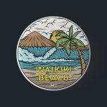 Waikiki Beach Hawaii Vintage 缶バッジ<br><div class="desc">Waikiki Beach hand drawn illustration with mountains and ocean waves in the background. Perfect for anyone who loves to visit Waikiki Beach.</div>