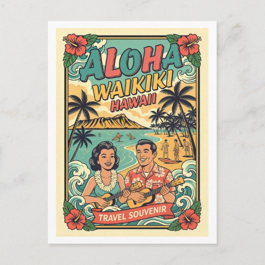Waikiki Hawaii Retro Travel ポストカード (正面)
